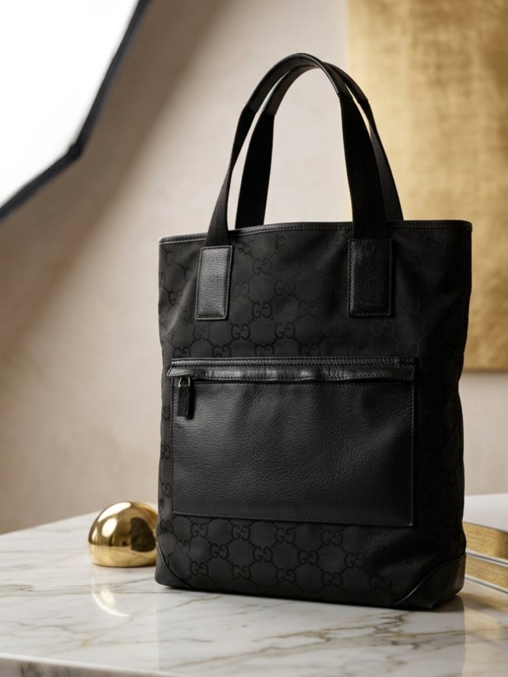 Authentic Gucci 180450 Tote Bag Black GG Monogram Canvas Leather Tote Bag